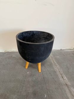 Mid-Century Modern Black Planter with Wood Legs