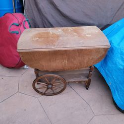 Vintage Colonial Maple Wood Drop Leaf Rolling Bar Cart Tea Trolley