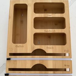 Storage Bag Organizer with Foil and Plastic Wrap Organizer , Aluminum Foil Dispenser with Cutter, Bamboo 6 in 1 Baggie Organizer Suitable for Gallon,