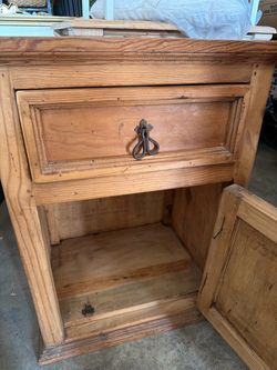 Rustic Pine Wood Nightstand with Drawer and Cabinet