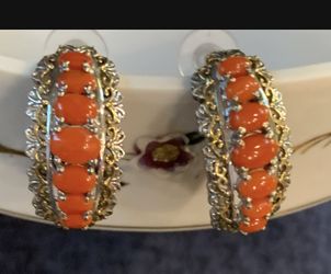 Genuine Coral Earrings. Like New Condition.  952 Sterling Silver With 14k Gold Trim. 