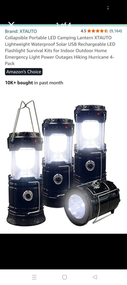 4 x Collapsible Portable LED Camping Lantern XTAUTO Lightweight Waterproof Solar USB Rechargeable LED Flashlight Survival Kits for Indoor Outdoor Home