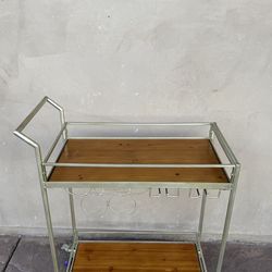 Metal & Wood Bar Cart w/ Wine Glass Holder