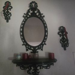 Black Ornate Oval Wall Mirror with Shelf