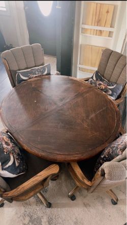 Solid Wood Dining Table + Leaf Extension + 5 Rolling Chairs