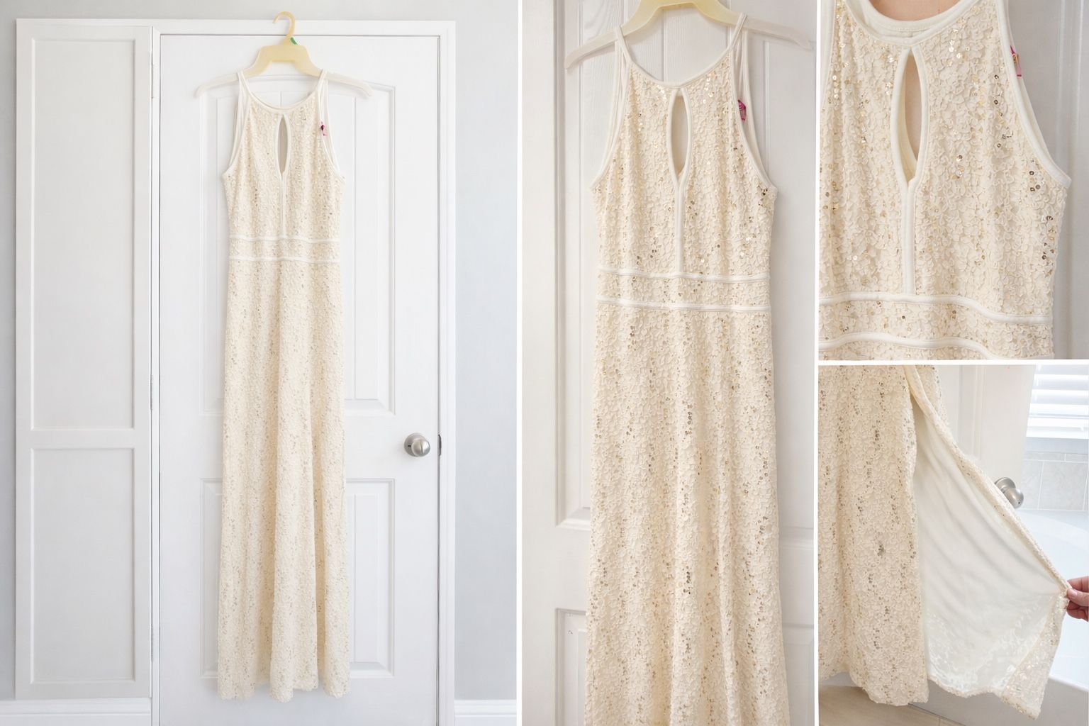Title: Worn Once Wedding Dress / White Lace Sequin Maxi (Morgan & Co.) Size 5/6 Description: Beautiful Morgan & Co. white/ivory lace maxi dress with