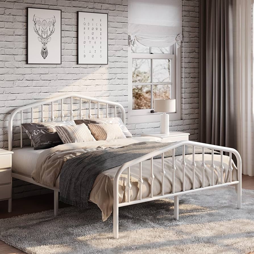 Full Size Metal Platform Bed Frame with Victorian Style Wrought Iron-Art Headboard/Footboard, No Box Spring Required, White Size Full Materi
