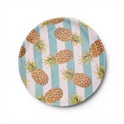 Aloha Hawaiian Pineapples Blue And White Striped Melamine Plates Set Of 4