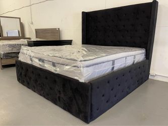 š Brand New Black Velvet King & Queen Platform Bed Frame W/ Tufted Wingback Tall Headboard - Opt Mattress | Pickup & Delivery š