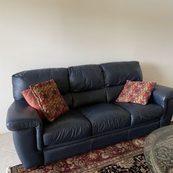 Blue Leather Couch, Love Seat, Ottoman 