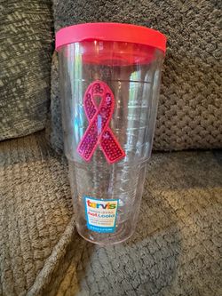 Tervis 24 oz Pink Ribbon Tumbler – $12  Tervis 24 oz insulated tumbler with bright pink lid and pretty sequined pink ribbon design.  * 24 oz size * In