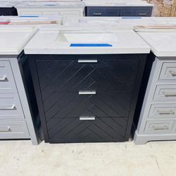 Brand New Bathroom Vanity “30” in Black with 3 modern drawers and Marble Top in White  $439 