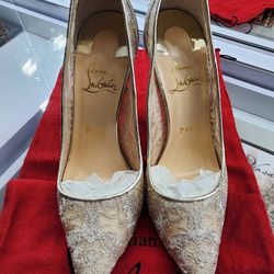 Christian Louboutin Follies Lace 100MM Glitter Platine Heels Size 37.5