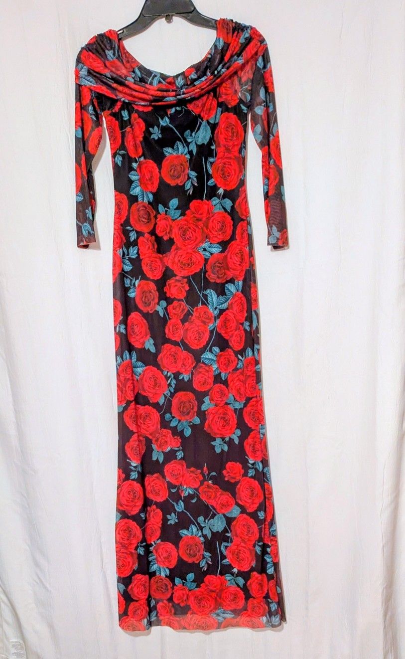 Dress SHEIN  Elegant Floral Red And Black Dress Lining Mid Length Sleeves Roses