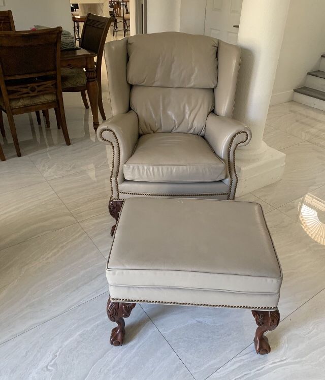 Presidential Grey Gray Leather Wingback Chair with Brass Nailheads Ball & Claw