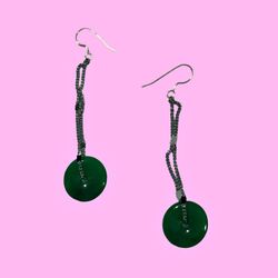 Green Peace Disk Earrings Donut Disc Drop Silver Chain Jade Style Statement