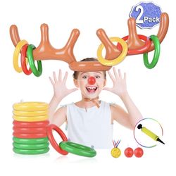 Christmas Games - Holiday Inflatable Reindeer Ring Toss Game & Santa Swap Dice