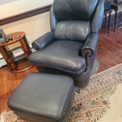 Dark Blue Leather Recliner With Ottoman 