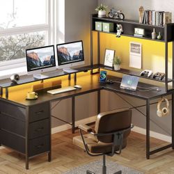 Seventable L Shaped Gaming Desk with Drawers, Reversible Computer Desk with LED Lights & Power Outlet, Home Office Desk with Monitor Stand, Hook, Corn