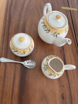 Crate & Barrel Hand-Painted Teapot, Sugar Bowl & Creamer Set - Made in Portugal