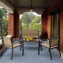 New 4 Pieces Outdoor Patio Furniture Set Conversation Set with Glass Coffee Table Bistro Set with Loveseat Garden Yard Lawn and Balcony   New in box. 