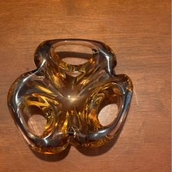 Art Glass Amber Reticulated, Heavy trinket, dish, candy dish, 8“ X 2 1/2“ High B13