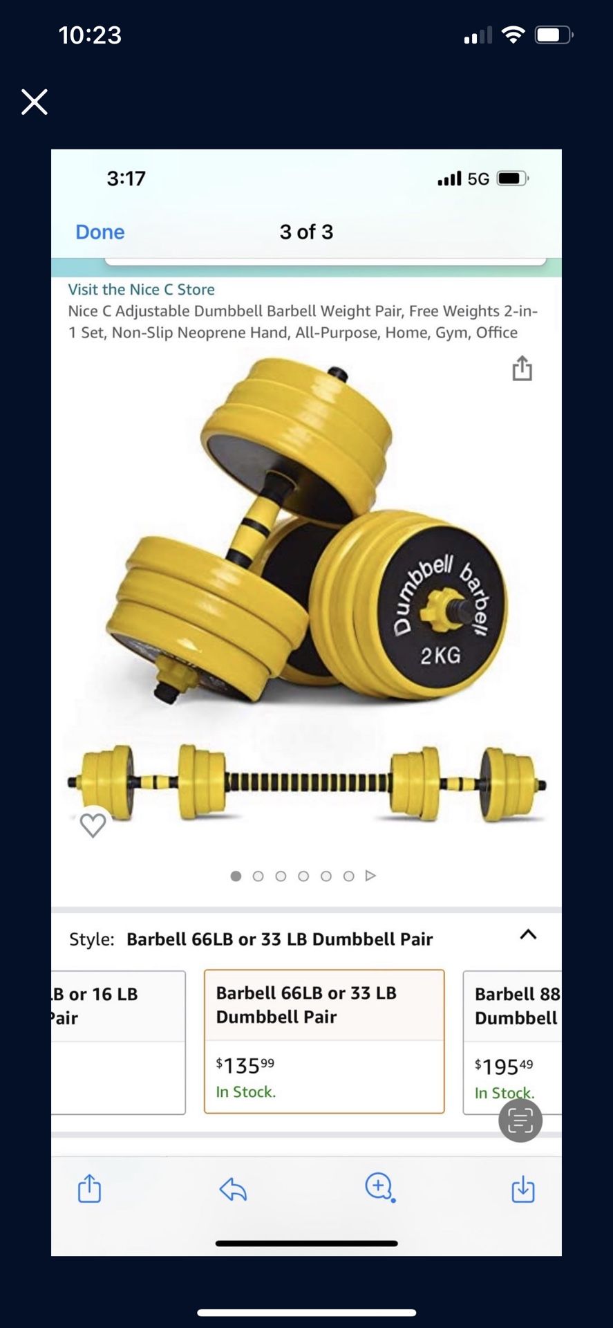 Nice C Adjustable Dumbbell Barbell Weight Pair, Free Weights 2-in- 1 Set, Non-Slip Neoprene Hand, All-Purpose, Home, Gym, Office