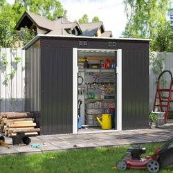 Outdoor Storage Shed, 9.1 ft. W x 4.3 ft. D Metal Garden Tool Sheds with Sliding Door  Grey NEW
