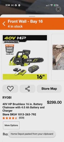 RYOBI 40V HP Brushless 16 in. Battery Chainsaw with 4.0 Ah Battery and Charger