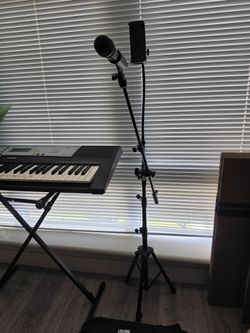 Microphone, audio cable and stand with phone holder