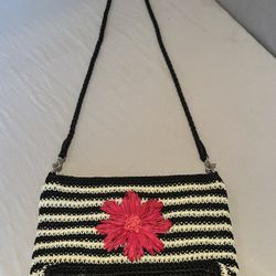THE SAK Hobo Crochet Knit Black &white Striped w/ pink flower