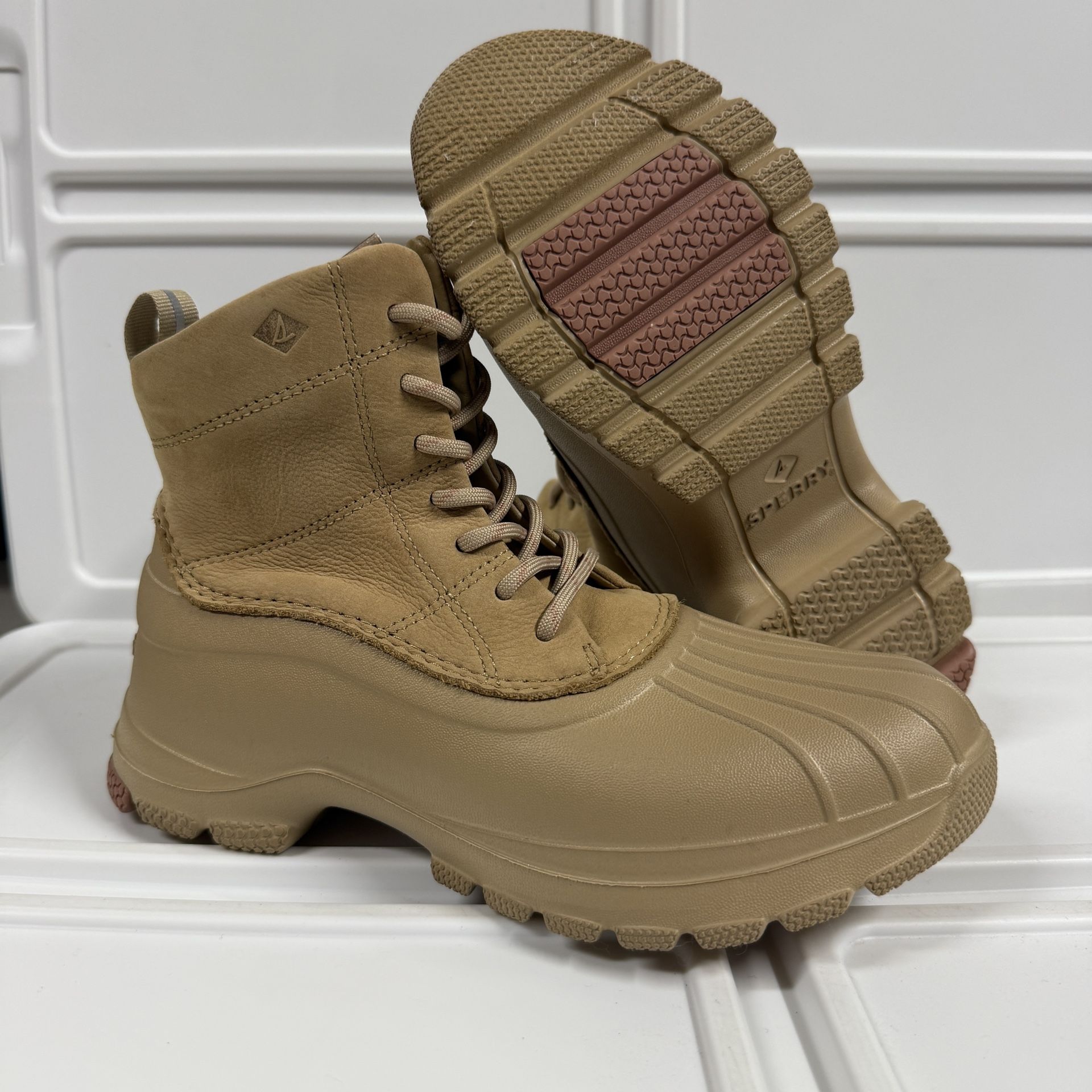 Size 6.5 Sperry Women’s Top-Sider Duck Float Lace Rain Boots Sand Tan