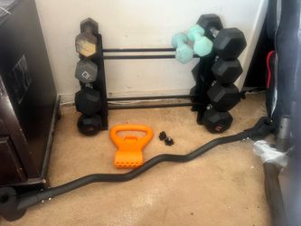 5,10,20,25 lb dumb bells, rack, kettlebell attachment and barbell for dumbbells. $105 obo