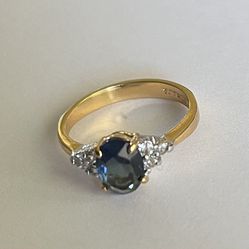 Vintage 14K Gold Electroplated MAJA Blue Clear Rhinestone Ring Size 7