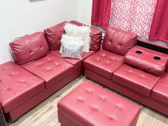 Red Leather-Sectional Sofa with Cup Holders