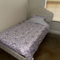 Twin Size Upholstered Bed Frame with LED Lights, Adjustable Headboard with Crystal Button, Princess Platform Bed for Girls, Solid Wood Slats Support, 