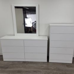White Dresser Whit Mirror And Chest - Cómoda Con Espejo Y Gavetero Color Blanco 