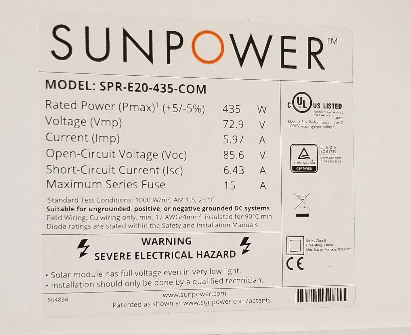 Sunpower 435 watt solar panel