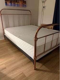 Queen Metal Bed Frame with Upholstered Platform Base – Rose Gold/Copper