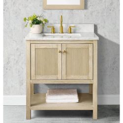 Arcott 31 in. Single Sink Fluted Natural Wood Bath Vanity with White Carrara Marble Top (Assembled)