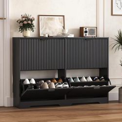 Shoe Cabinet Storage for Entryway with 4 Flip Drawers, Black Fluted Shoe Cabinet with Adjustable Shelves, Wooden Hidden Shoe Rack Freestanding Narrow 