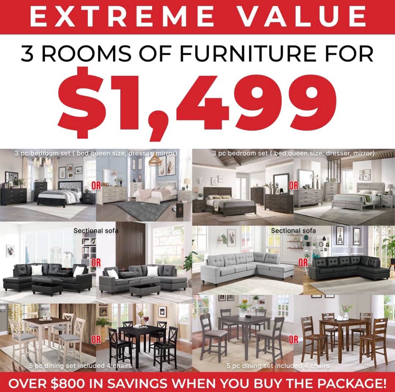 NEW 3 ROOM PACKAGE DEAL- BED MATTRESS DINING ROOM SECTIONAL SOFA AND FINANCING 