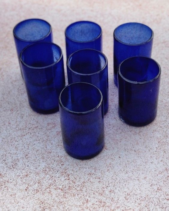 Vtg Mexican Hand Blown Colbolt Blue Drinking Glasses 