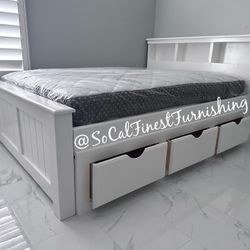 White Full Bed With Storage And Mattress 