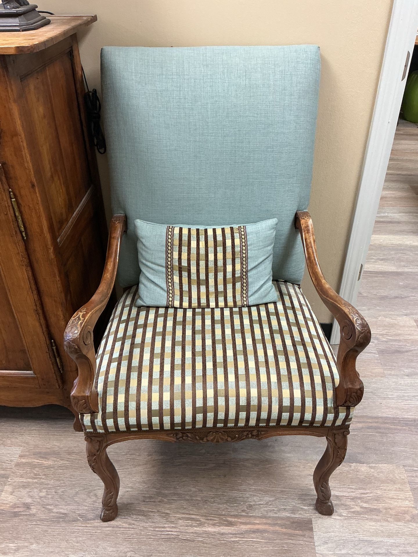 Vintage Wooden Accent Chair – Upholstered w/ Cushion