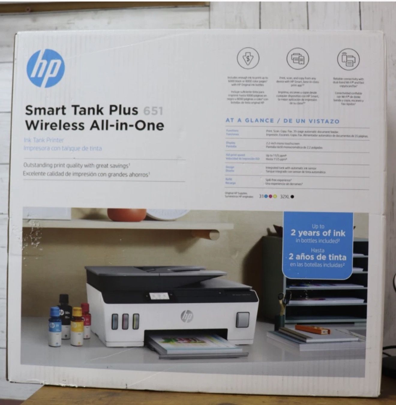 HP Smart Tank 651 Wireless All-In-One Color Refillable Supertank Printer, Scanner, Copier (7XV38A)