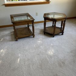 2 Vintage Wood And Glass End Tables 