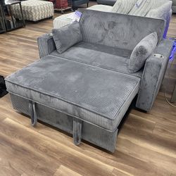 New Gray Corduroy Love Seat Couch With Pull Out Sofa Bed Sleeper Mattress 