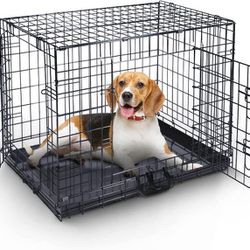 Dog Cage Crate– Pet Black Metal Folding Cage with 2 Doors (Front & Side) with Chew Resistant Plastic Base Tray and Carrier Handle – Heavy Duty Box Per