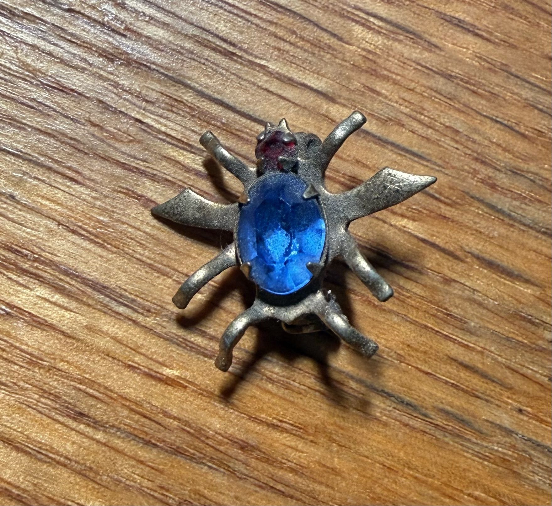 1930's Czech Vintage Brooch Pin Insect Bug Glass Blue Stone Bronze Tone